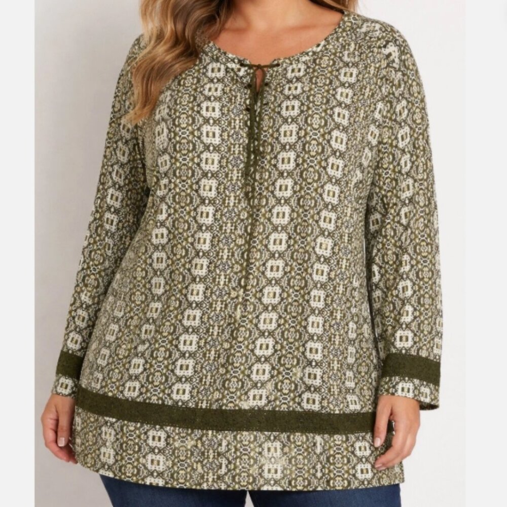 Westport Woman 1962 Top Plus Size 2X Green 3/4 Sleeve Tie Front Lace